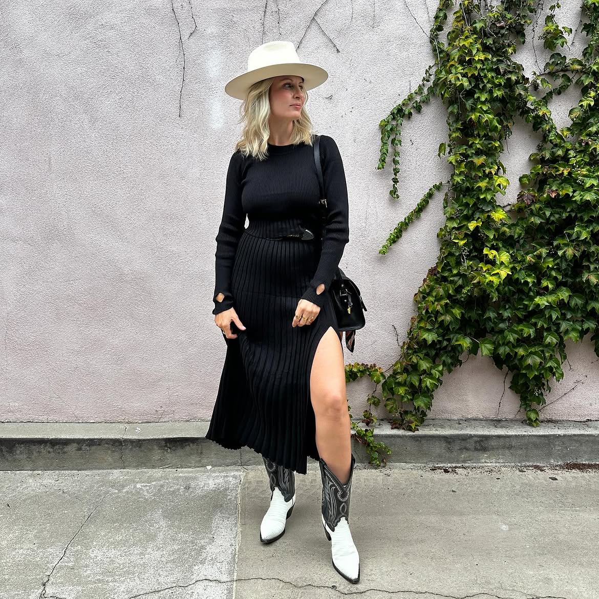 Black Knit Midi Dress With White Cowboy Boots