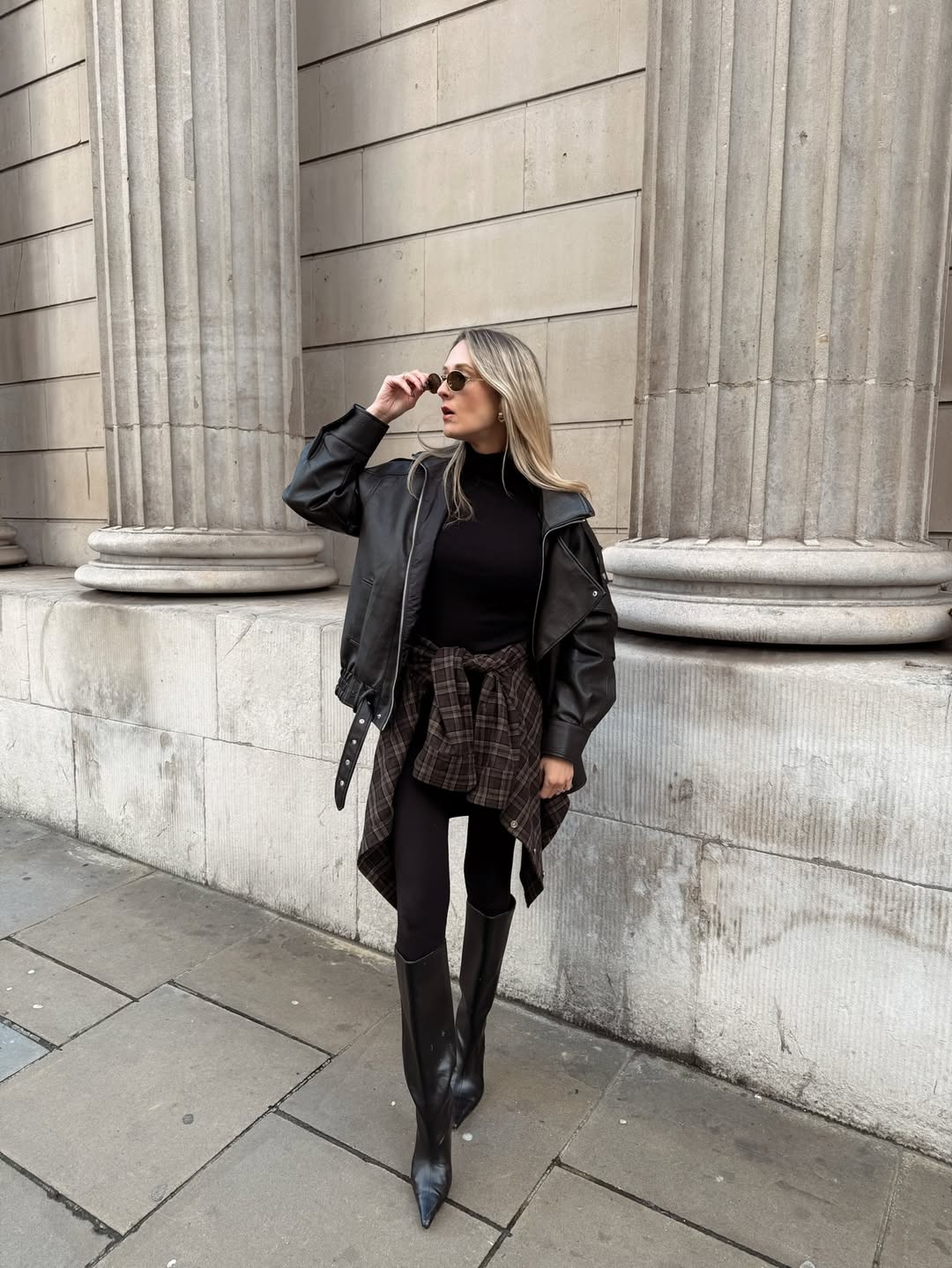 Black Leather Moto Jacket With Plaid Shirt Accessory