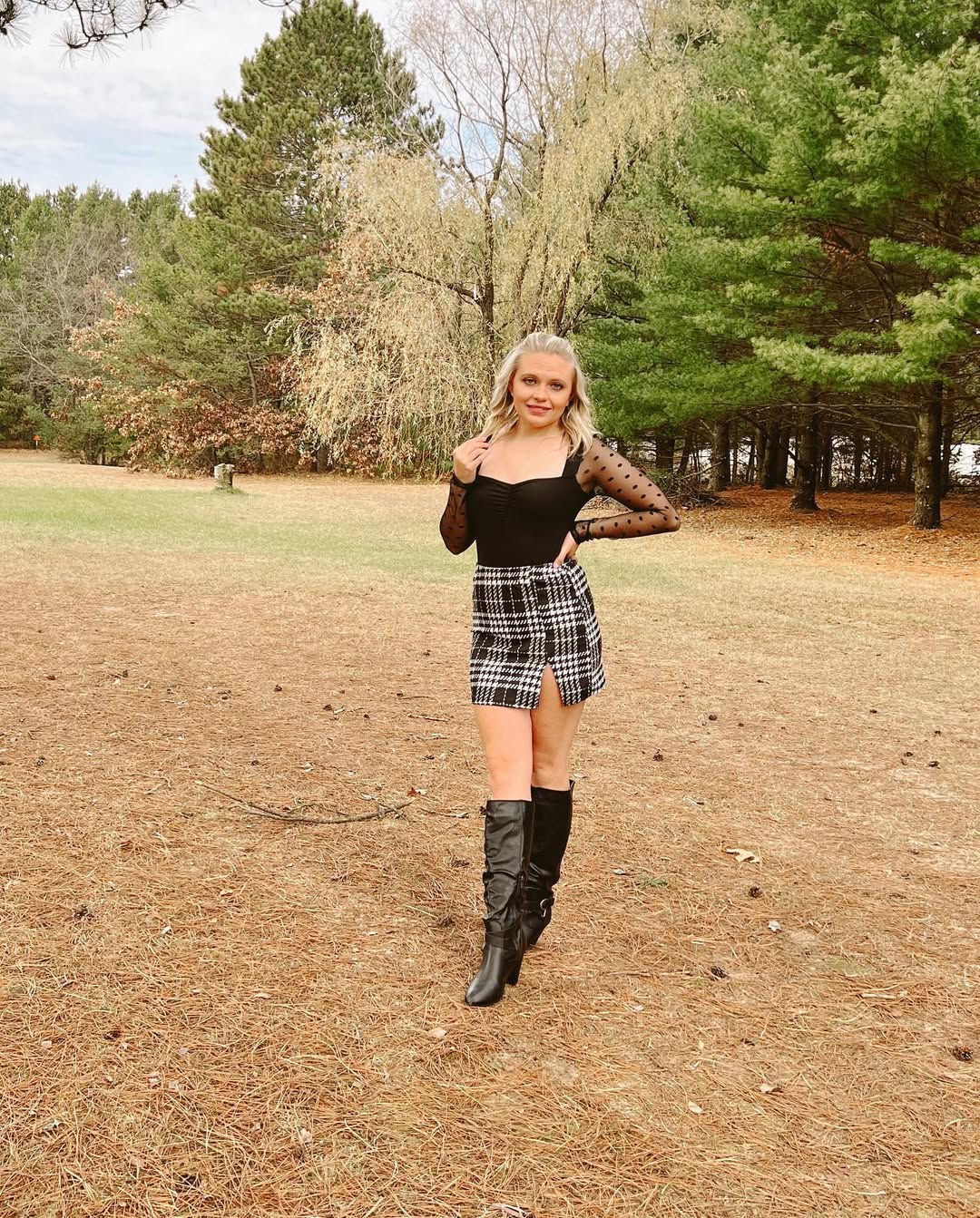 Black Mesh Dot Top With Plaid Mini Skirt