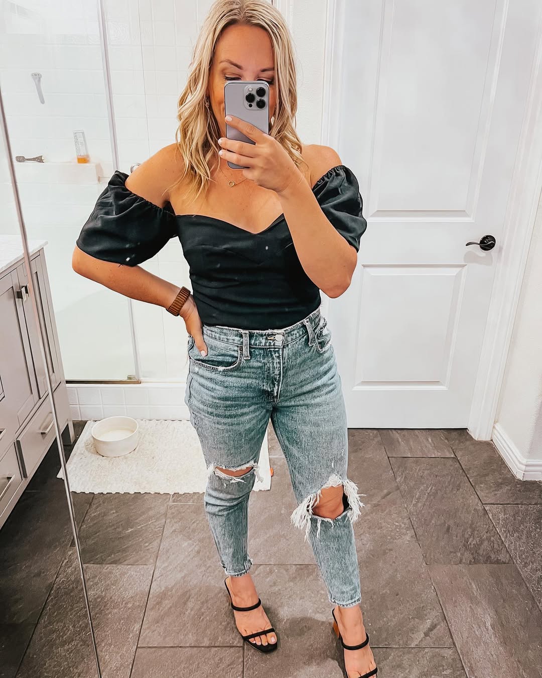 Black Puff Sleeve Off Shoulder Top With Ripped Jeans