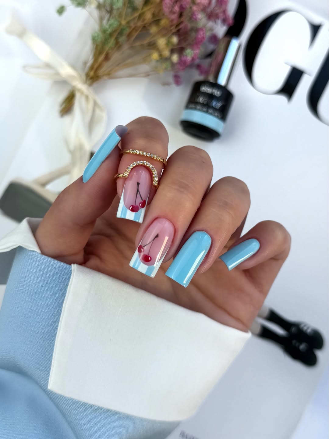 Blue Stripe Cherry Square Nails