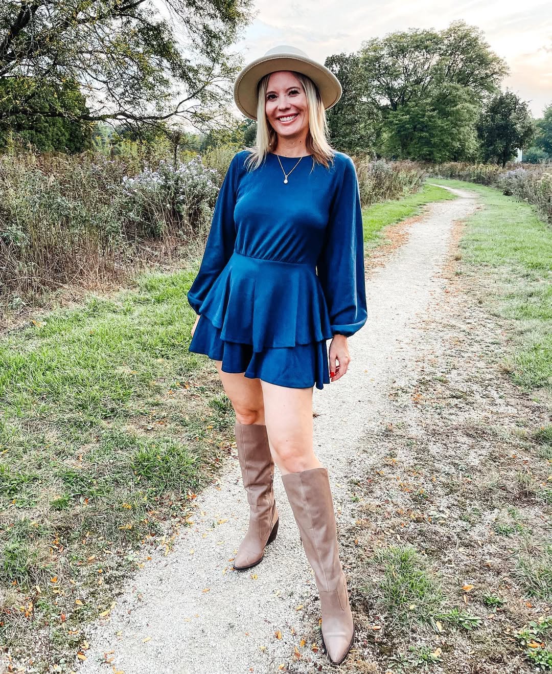 Blue Tiered Mini Dress With Knee-High Boots