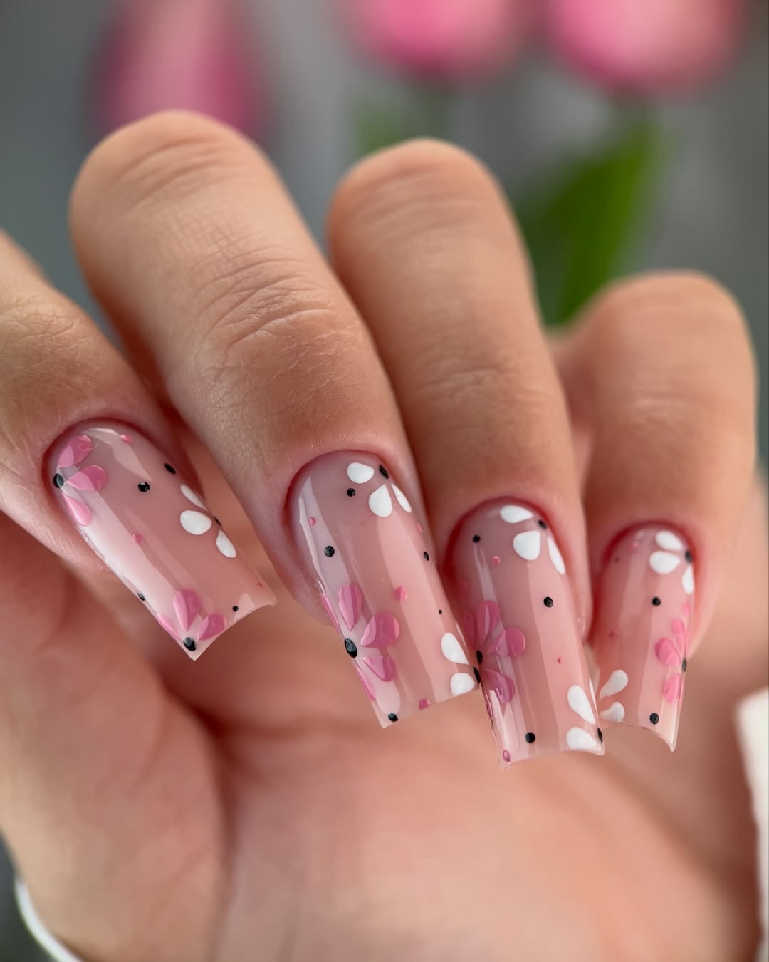 Blush Pink Floral Square Nail Art