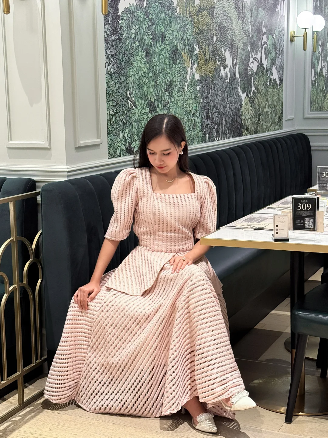 Blush Textured Puff Sleeve Dress With Pearls