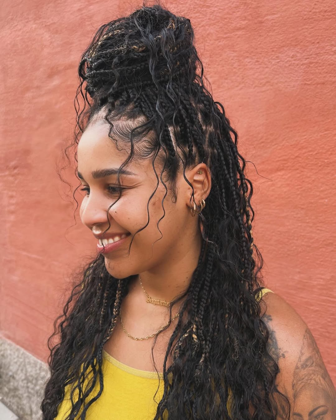 Boho Box Braids Half Updo with Wavy Ends