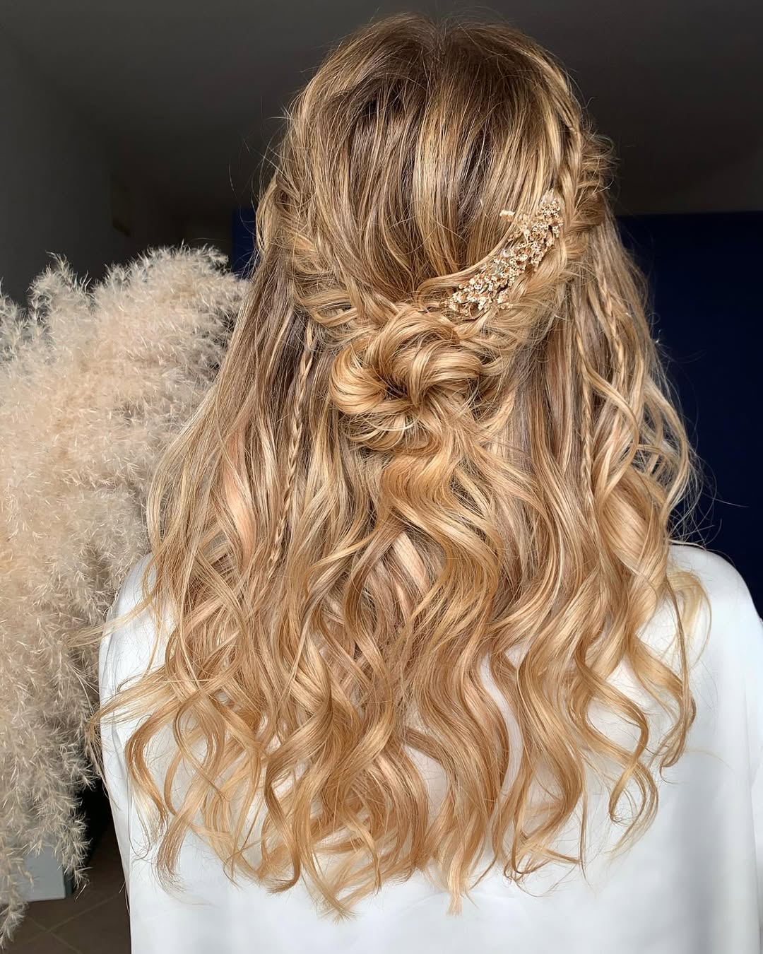 Boho Braided Half Updo With Honey Waves