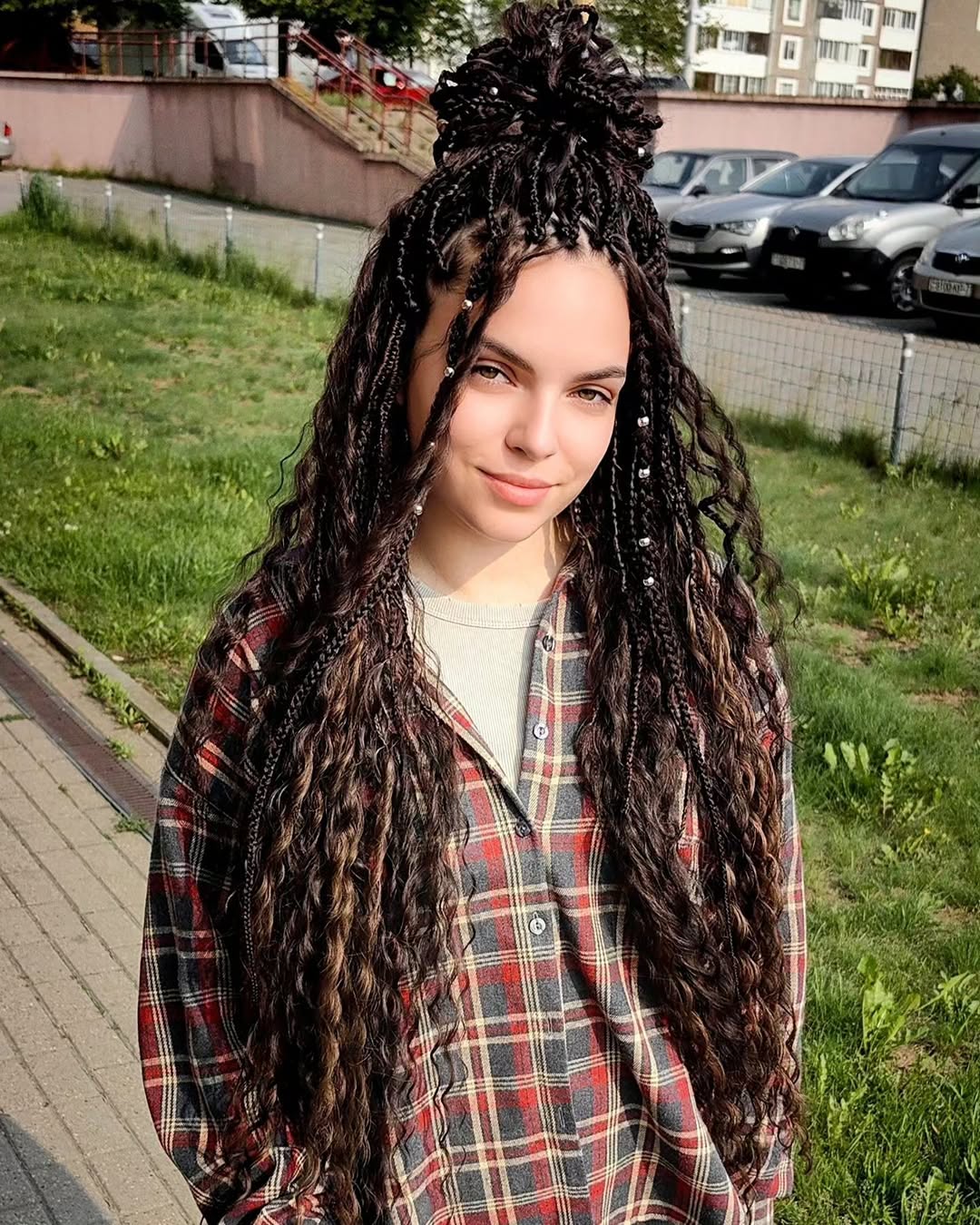 Boho Braids With Defined Curls And Silver Beads