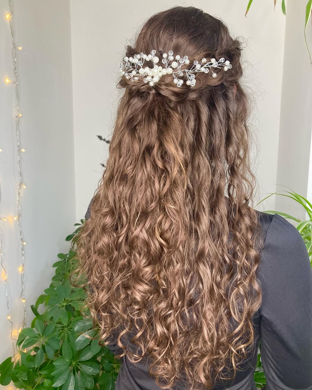 Boho Half-Up Curls With Pearl Hairpiece