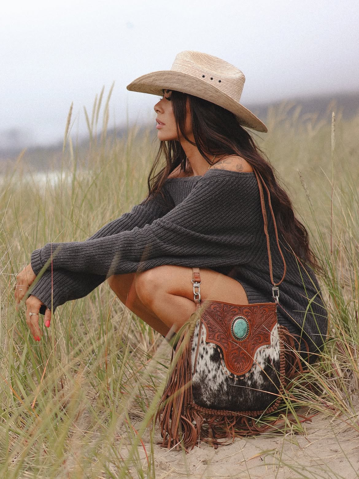 Boho Western Knit Sweater And Fringe Bag