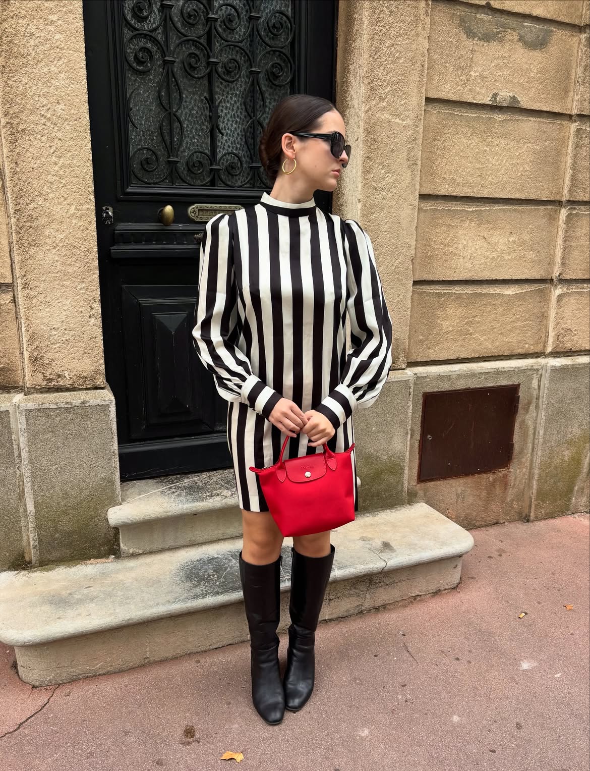 Bold Stripe Mini Dress With Knee-High Boots