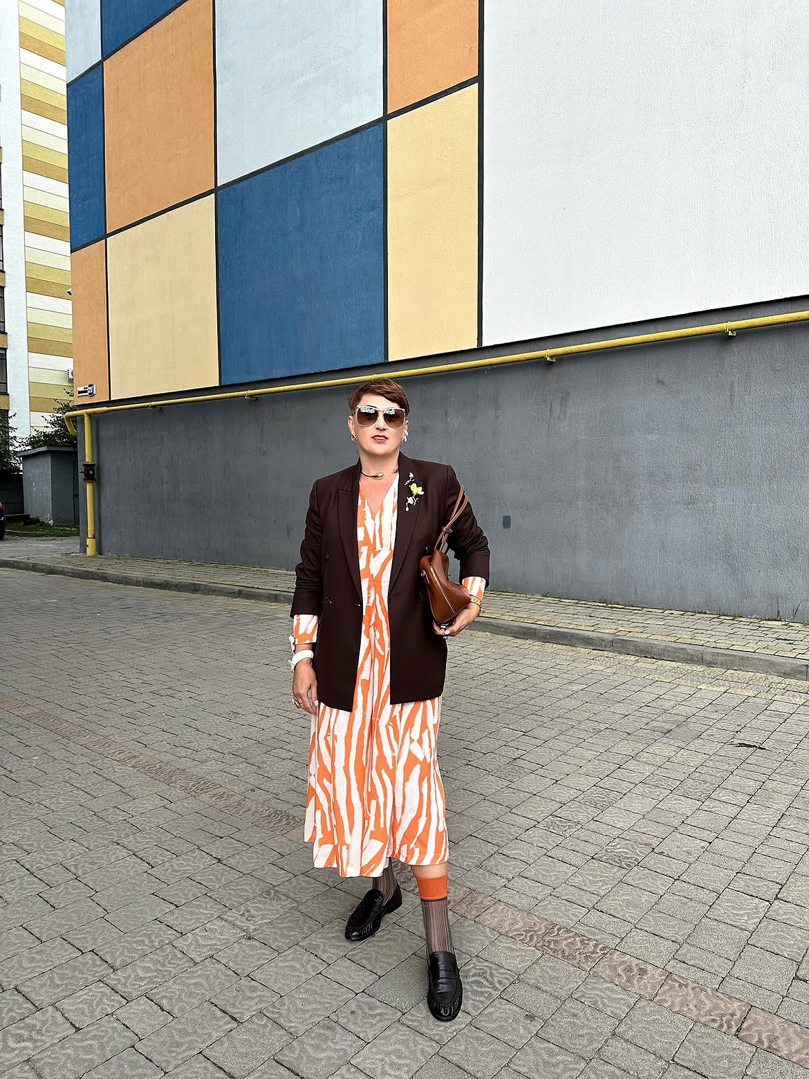 Bold Zebra Midi Dress With Brown Blazer