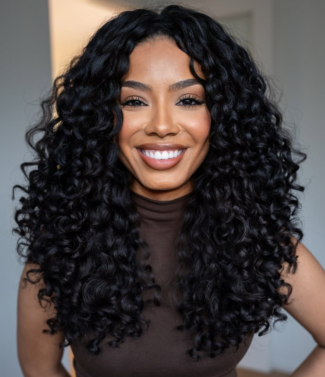 Bouncy Voluminous Jet Black Curls Center Part