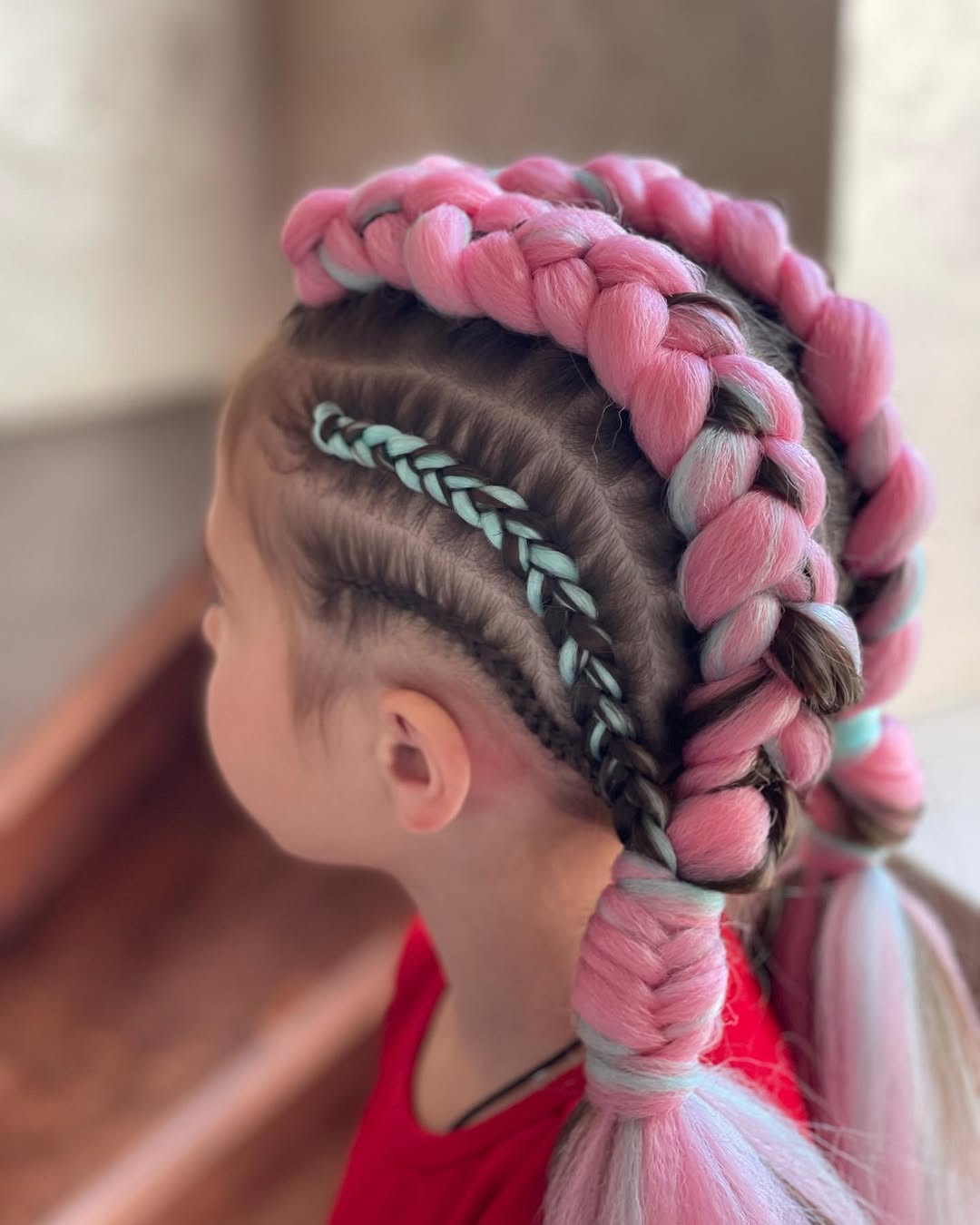 Braid Crown With Pink And Blue Accent Braids