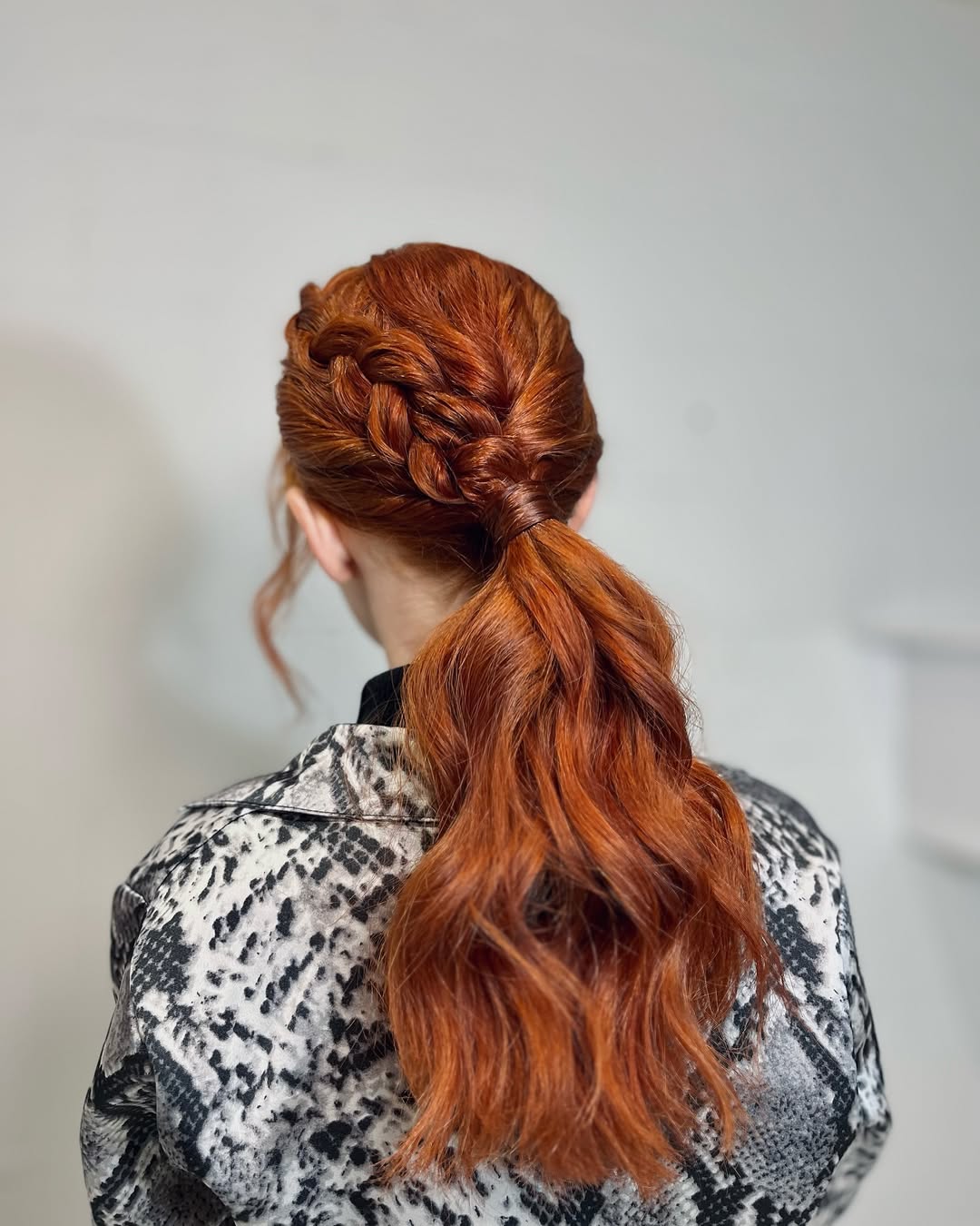 Braided Crown Ponytail With Fiery Copper Waves