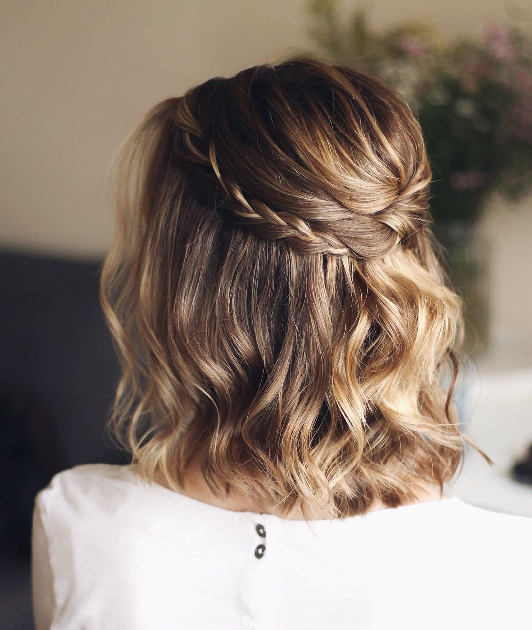 Braided Half-Up Honey Blonde Wavy Bob