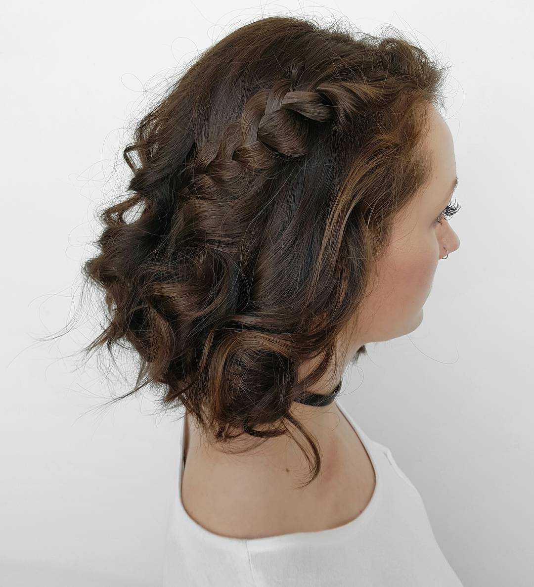 Braided Half-Up Style On Wavy Brunette Bob