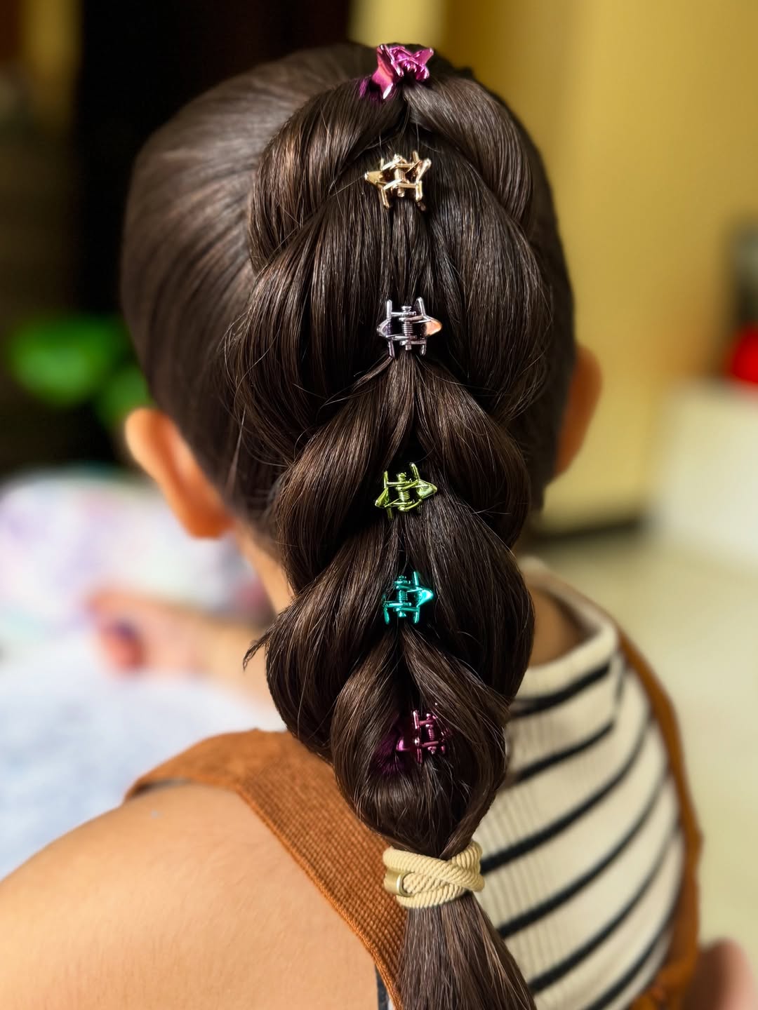 Braided Ponytail With Colorful Mini Claw Clips