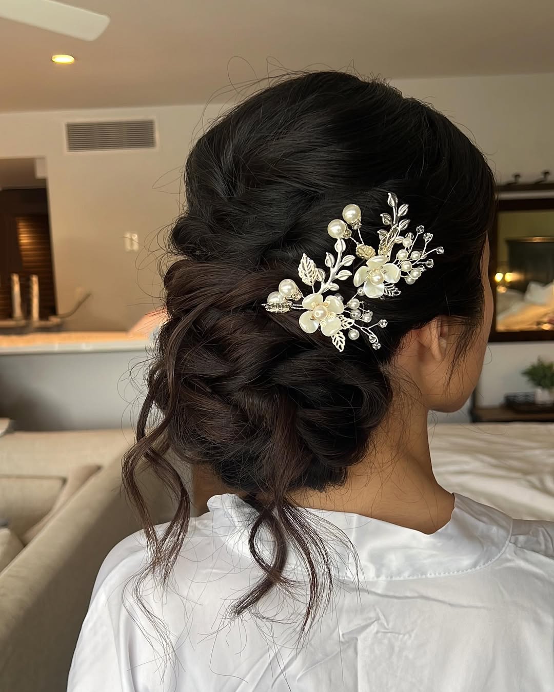 Braided Updo With Pearl Floral Hair Accessory
