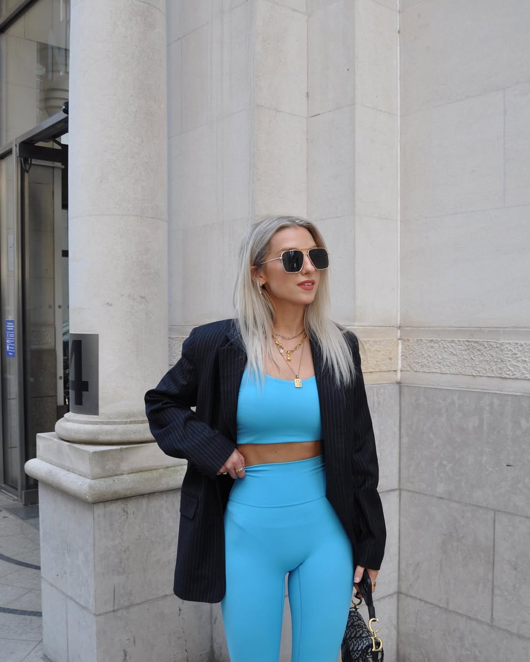 Bright Blue Activewear With Pinstripe Blazer