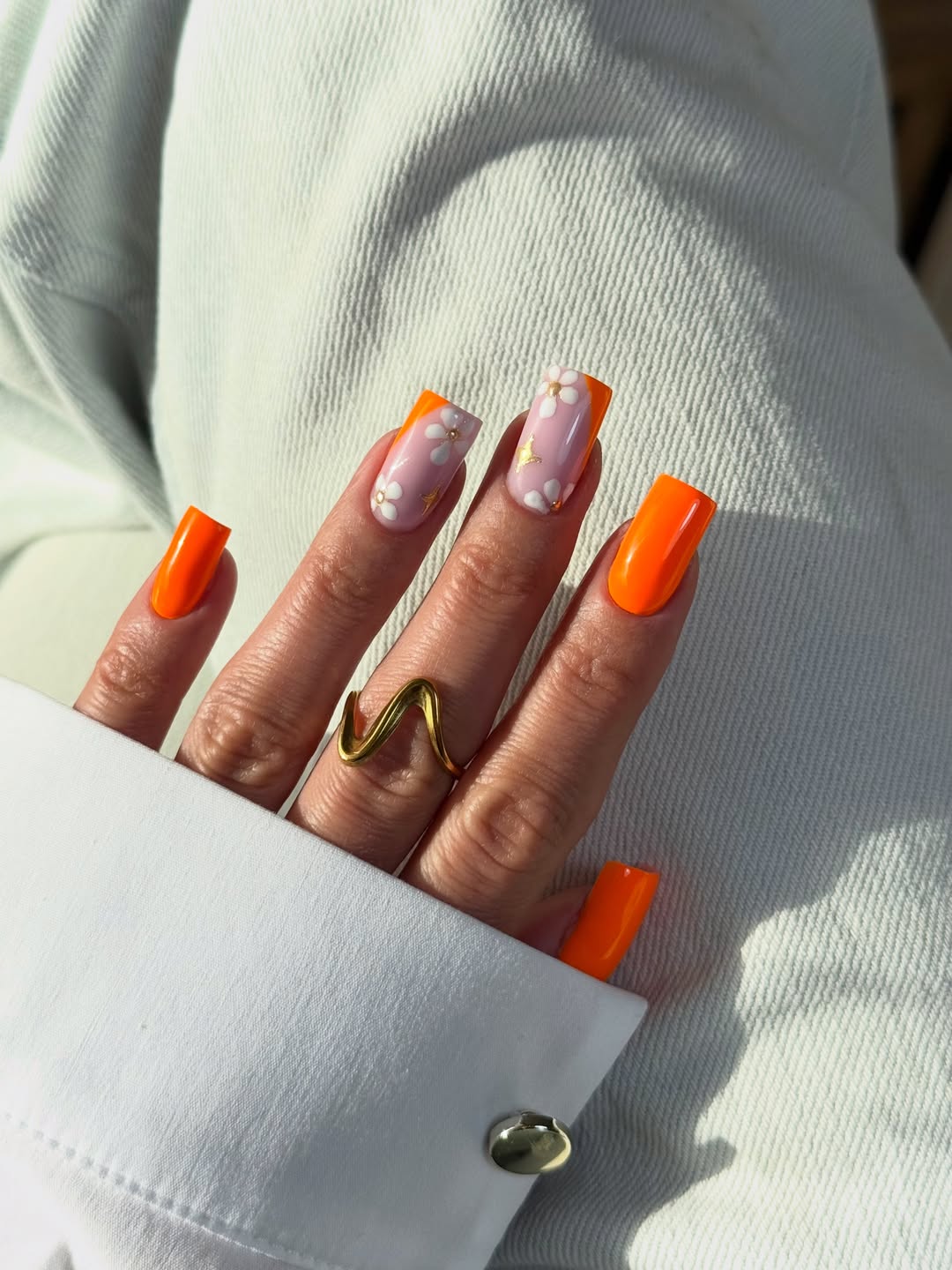 Bright Orange Floral With Golden Accents Square Nails