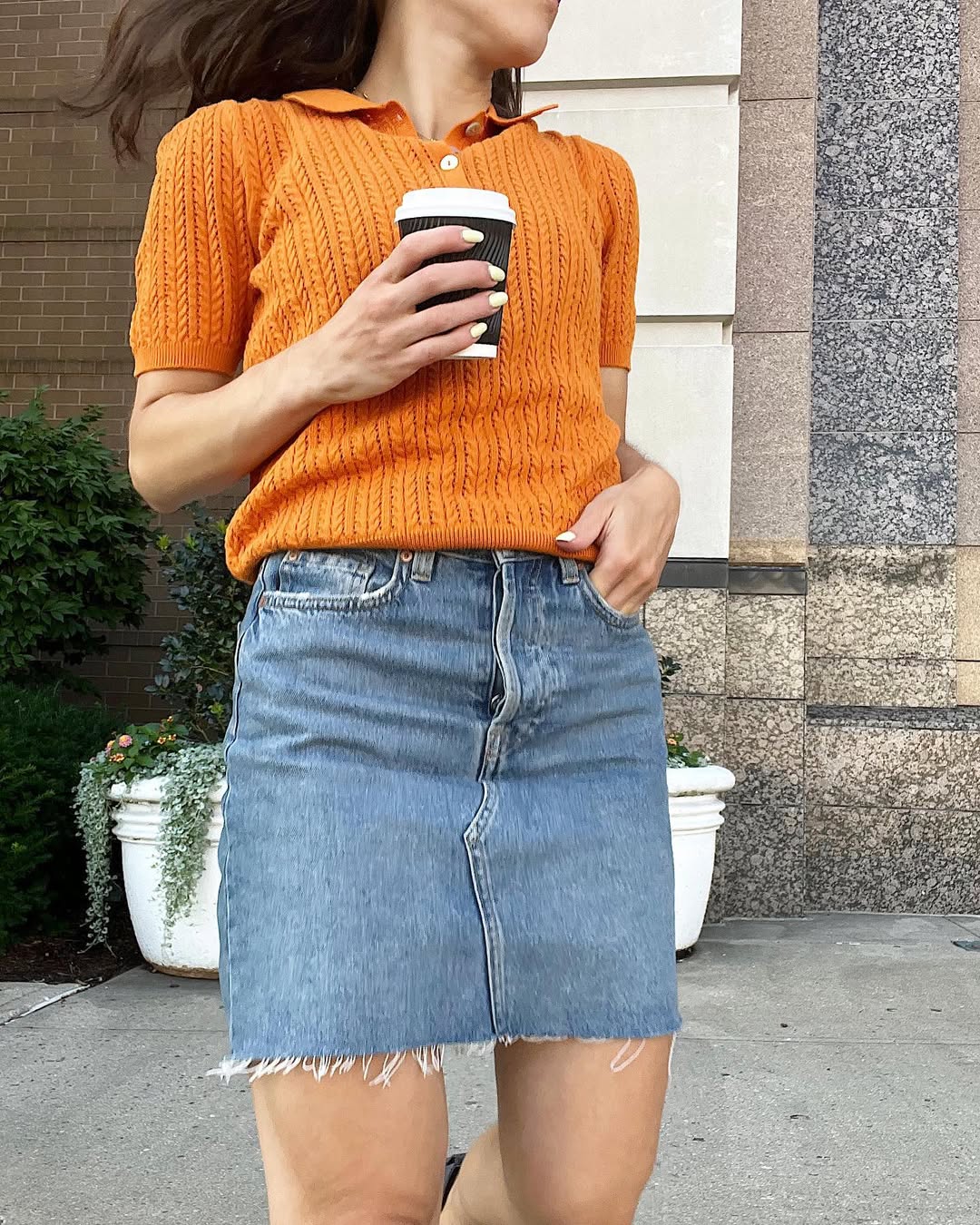 Bright Orange Knit Polo and Denim Mini Skirt