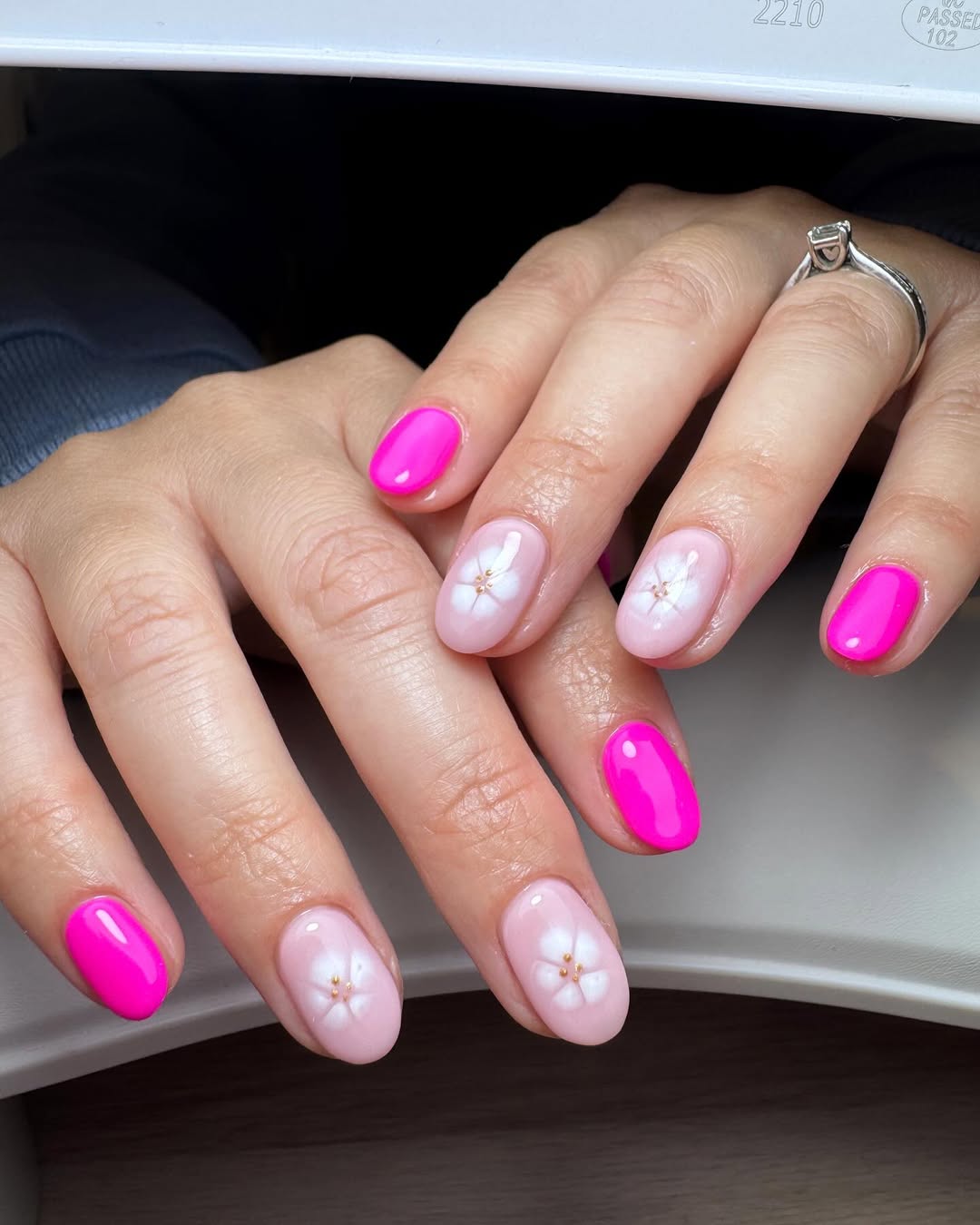 Bright Pink and Sakura Flower Accent Nails