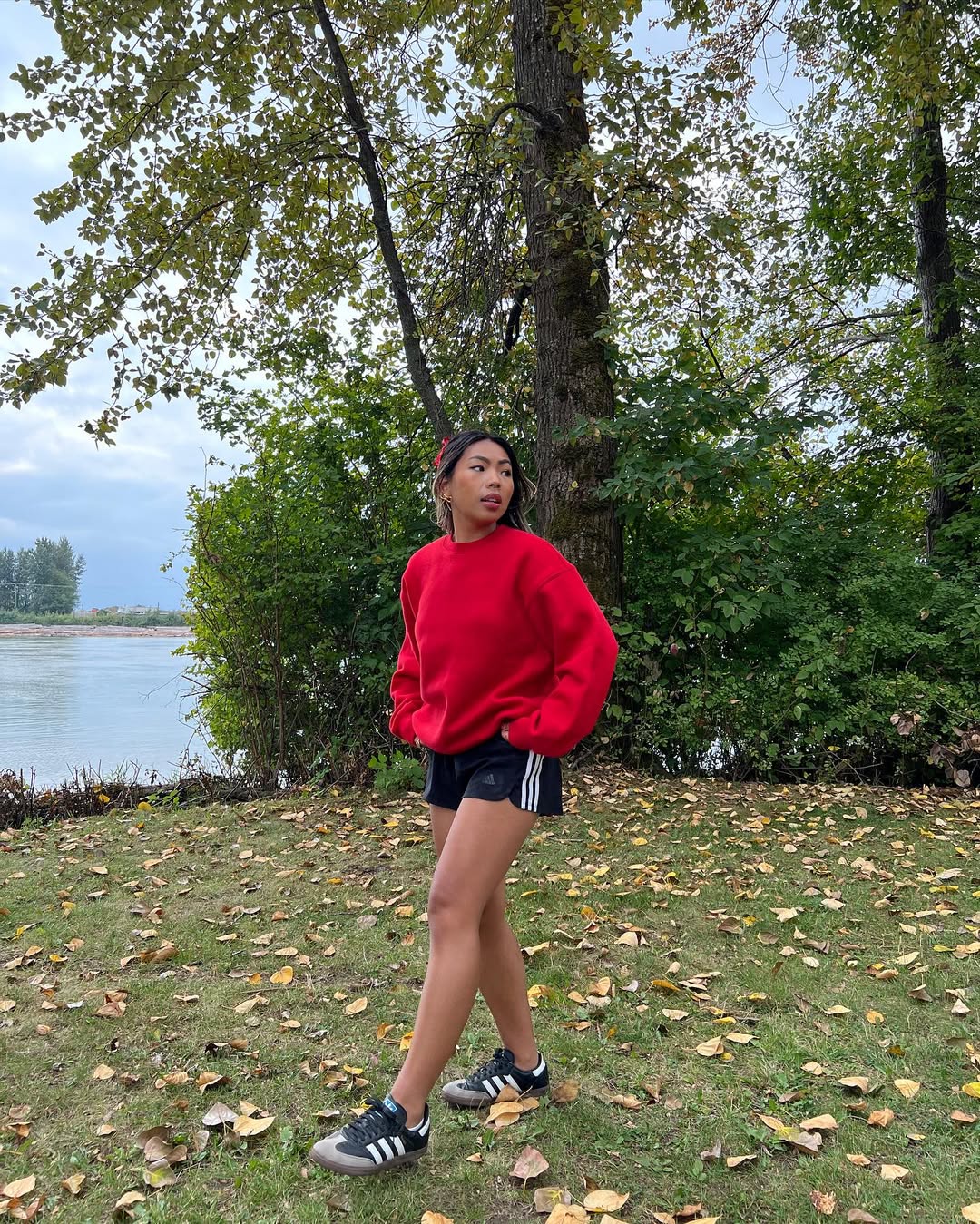 Bright Red Sweatshirt With Sporty Shorts
