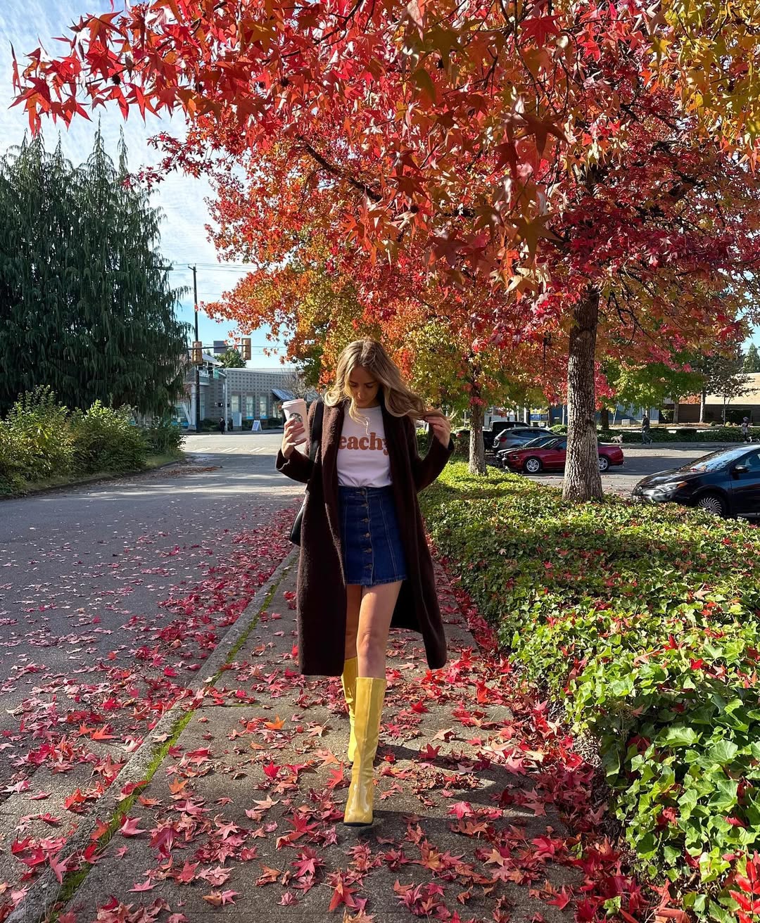 Bright Yellow Boots With Denim Mini Skirt Outfit