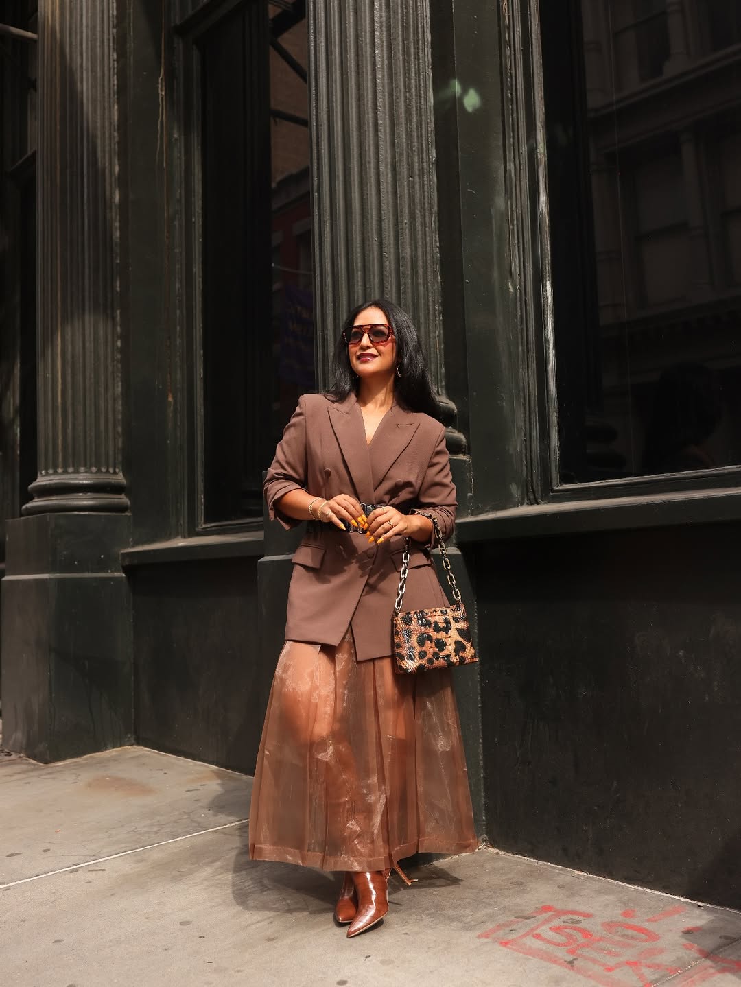 Brown Blazer With Sheer Midi Skirt And Leopard Bag