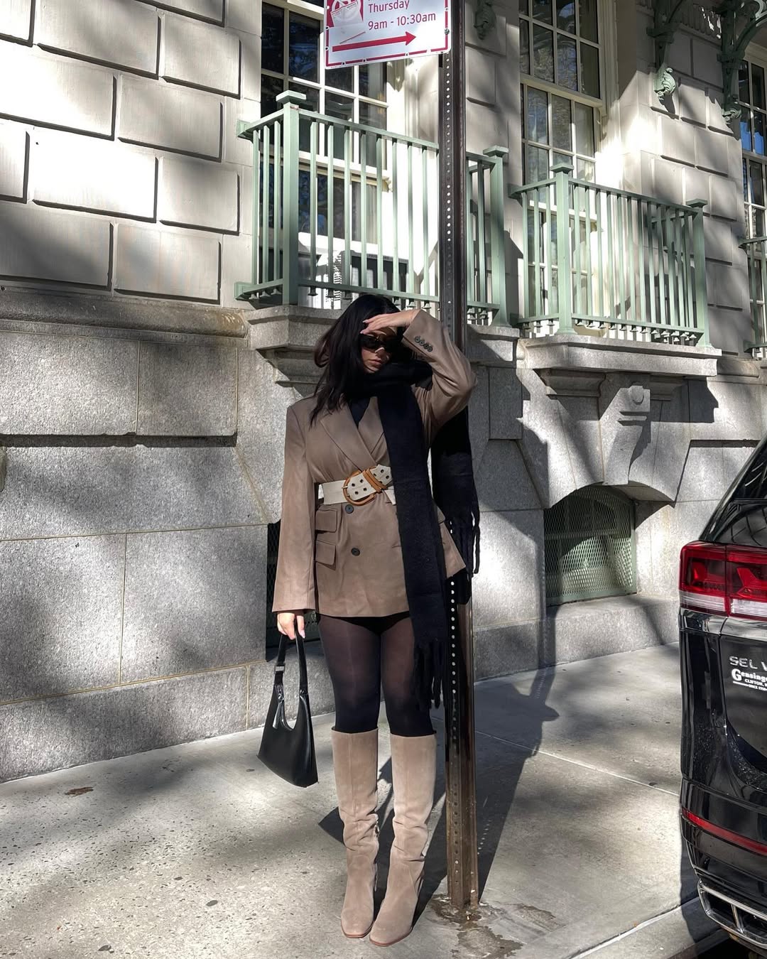 Brown Contouring Blazer With Tall Boots Ensemble