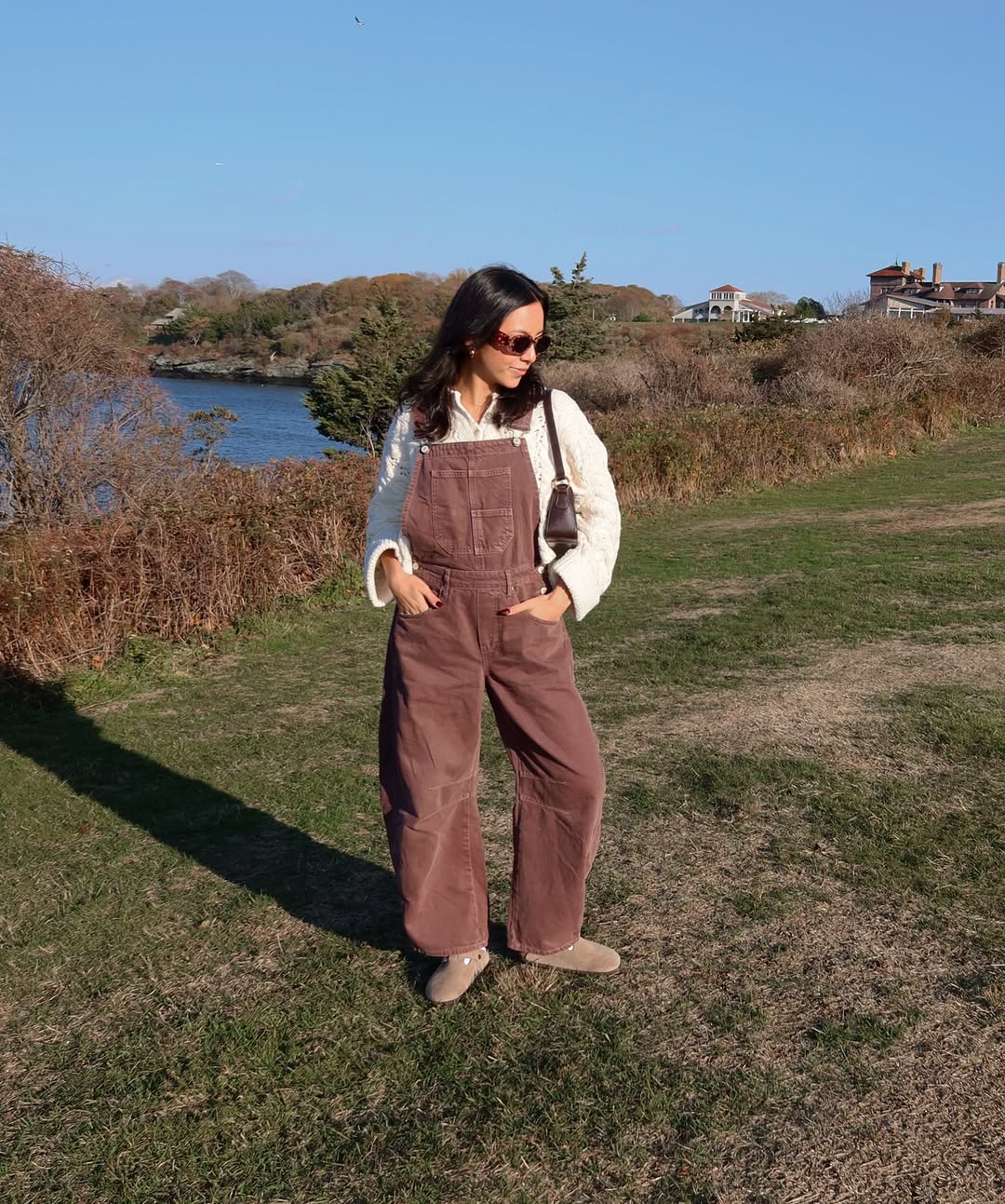 Brown Corduroy Overalls With Cream Cable Knit