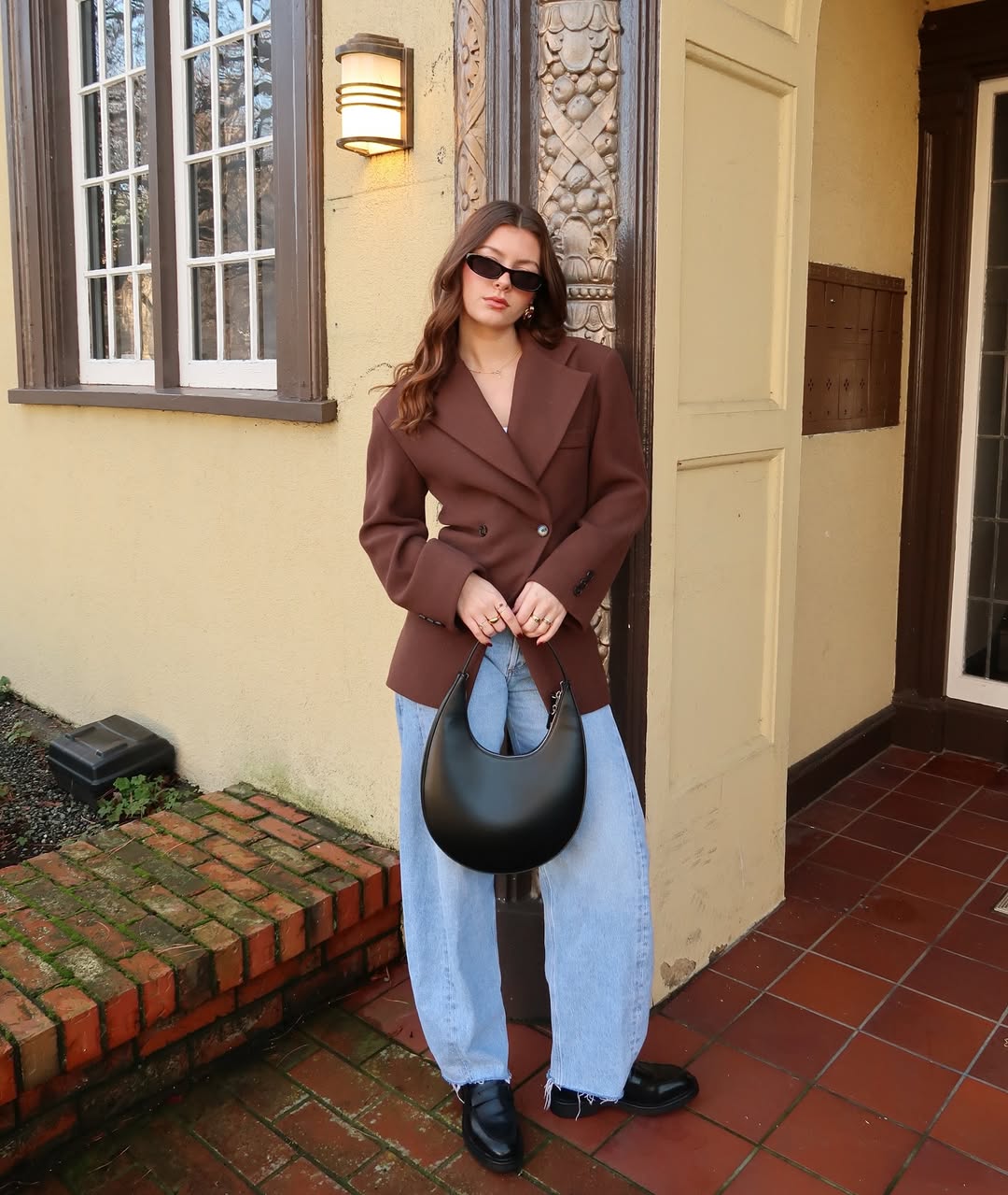 Brown Double-Breasted Blazer With Light Wash Jeans