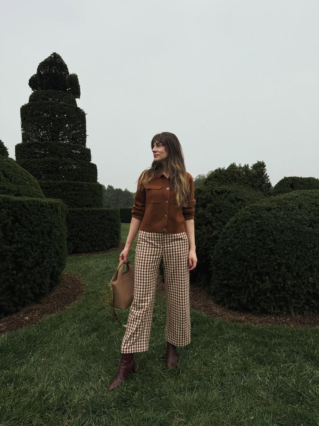 Brown Gingham Wide-Leg Trousers With Matching Knit Top