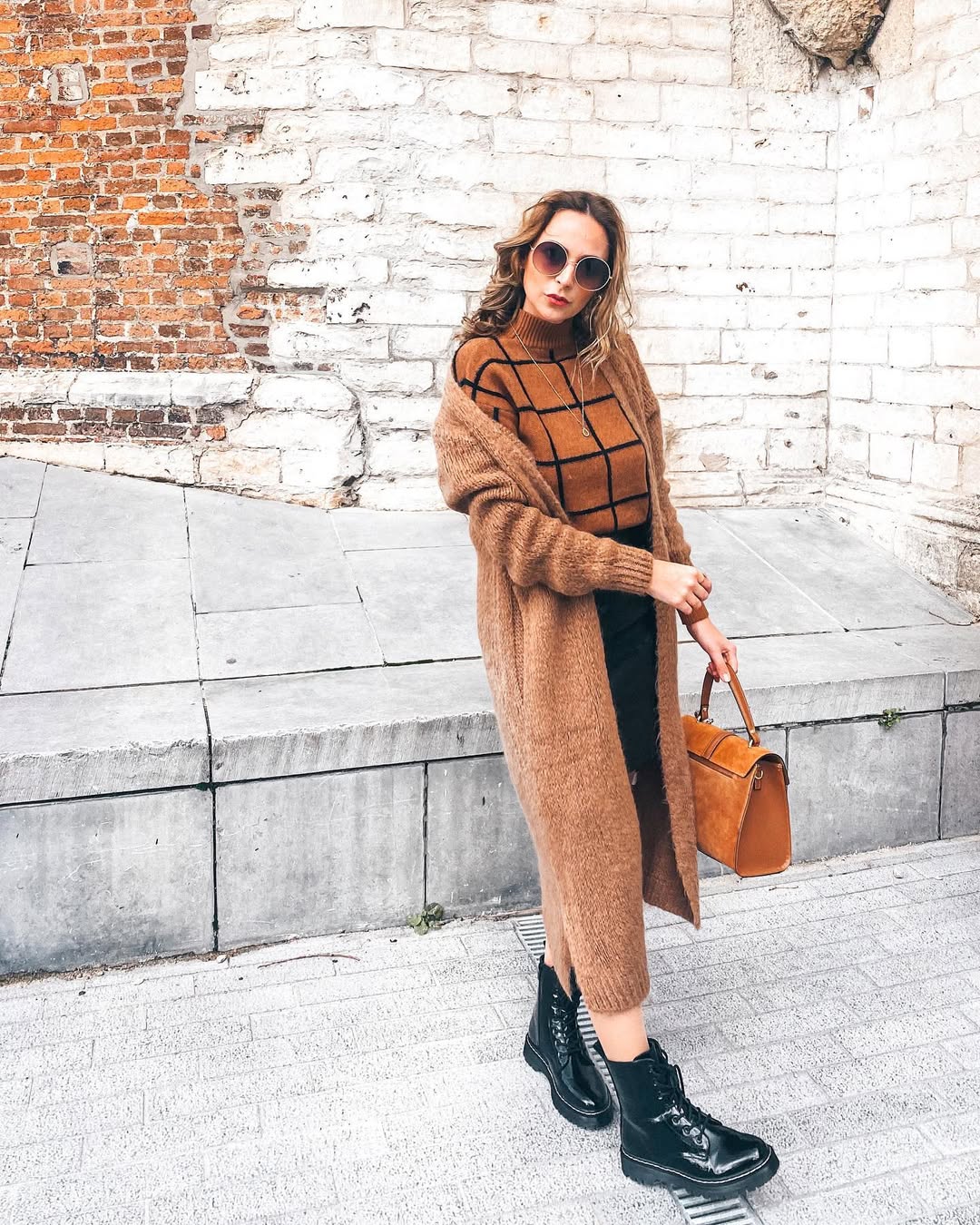 Brown Grid Knit With Long Cardigan And Combat Boots