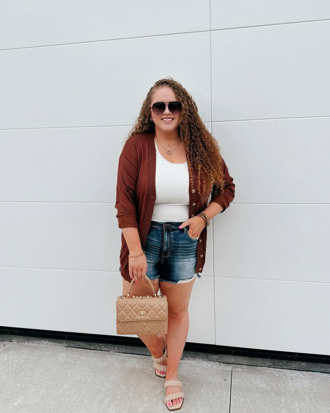 Brown Knit Cardigan With Denim Shorts