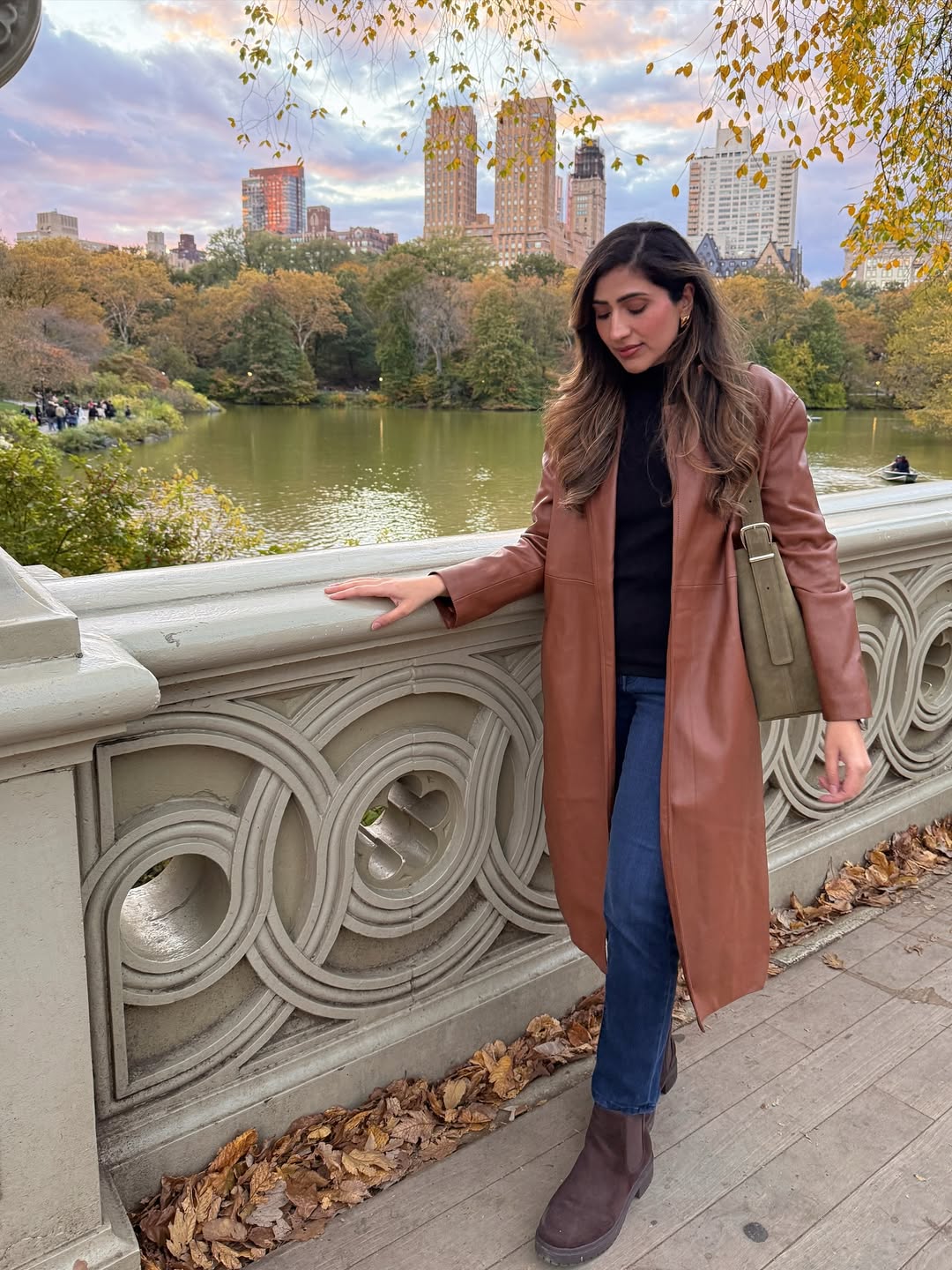 Brown Leather Trench With Dark Wash Jeans And Boots