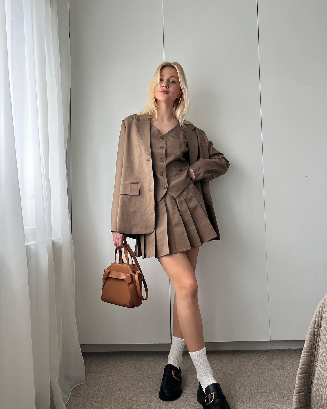 Brown Monochromatic Pleated Skirt Suit Outfit