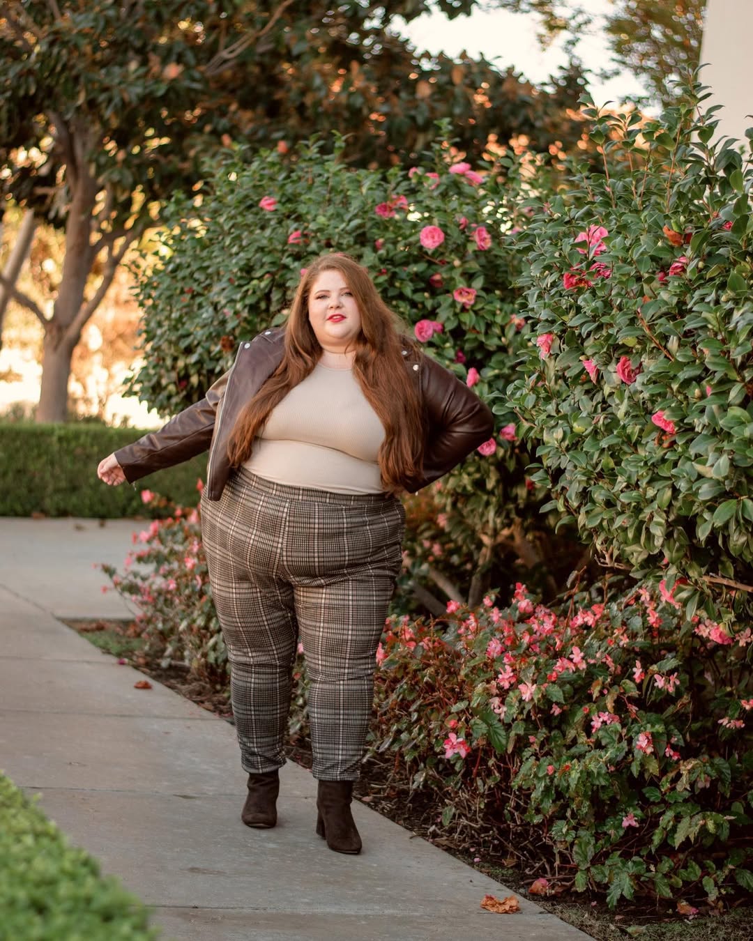 Brown Moto Jacket With Plaid Pants Ensemble