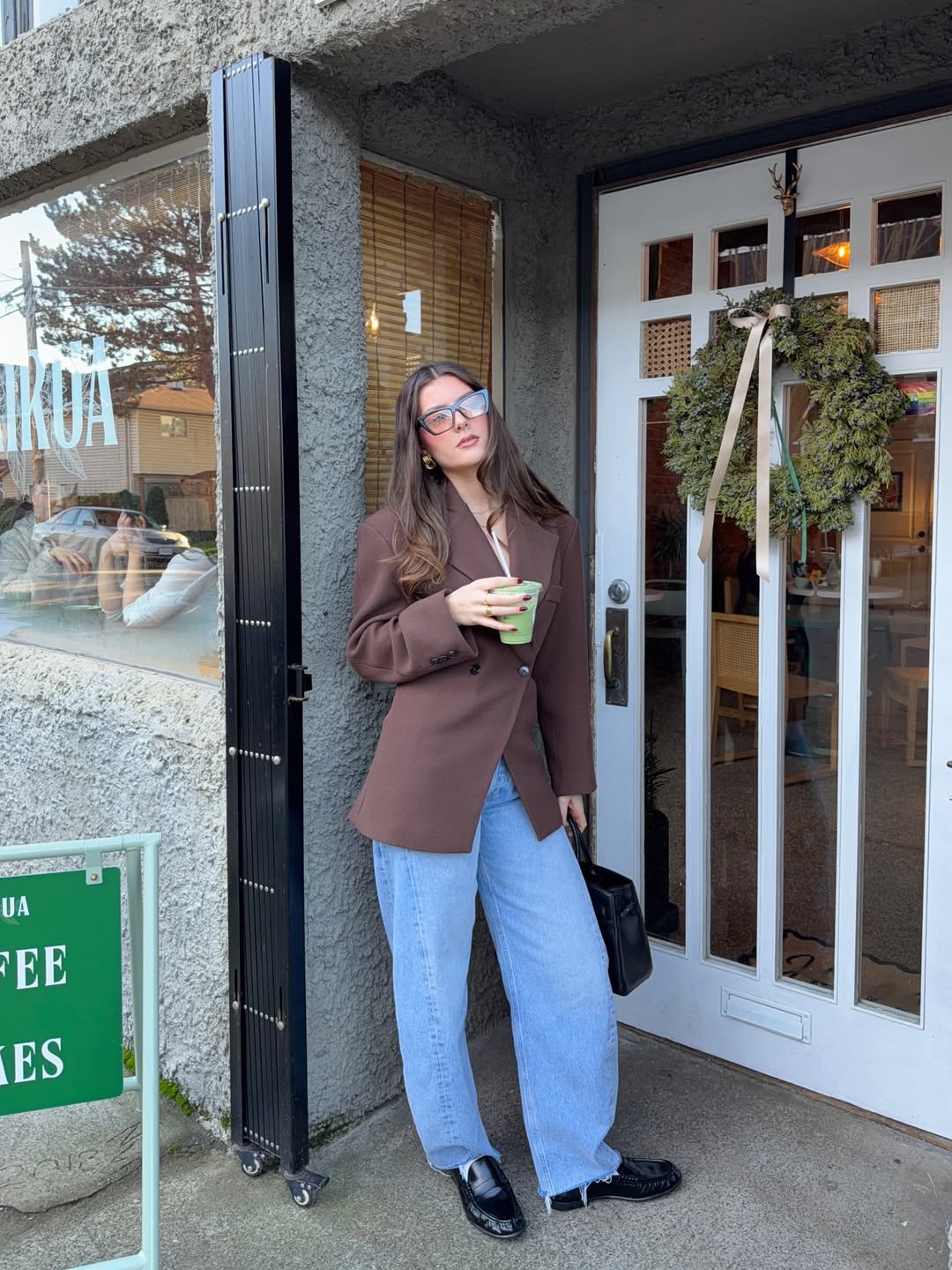 Brown Oversized Blazer With Light Wash Denim