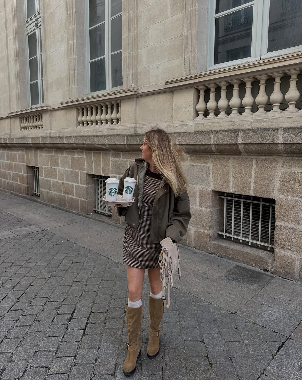 Brown Print Mini Dress With Suede Boots