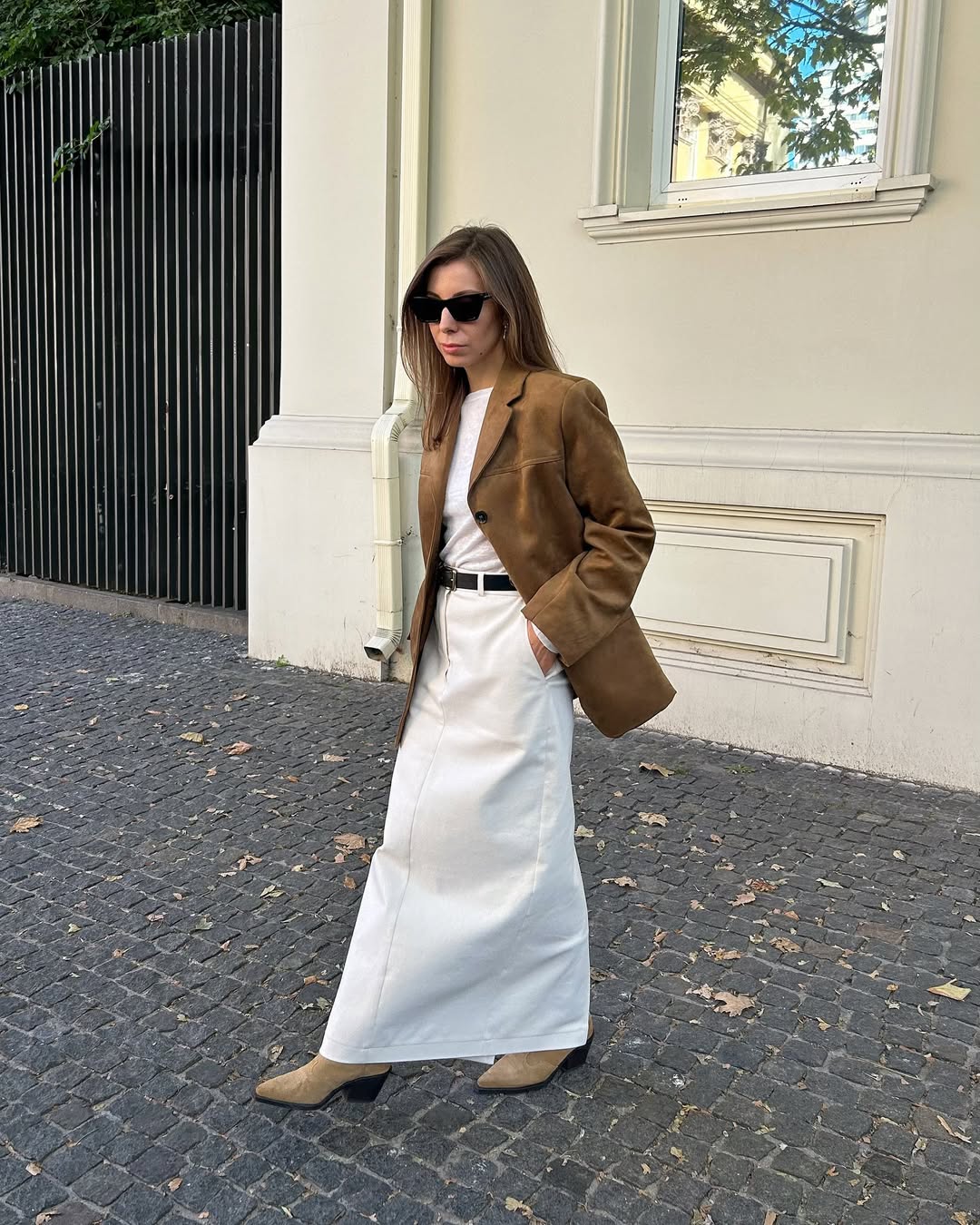 Brown Suede Blazer With Maxi Skirt Outfit