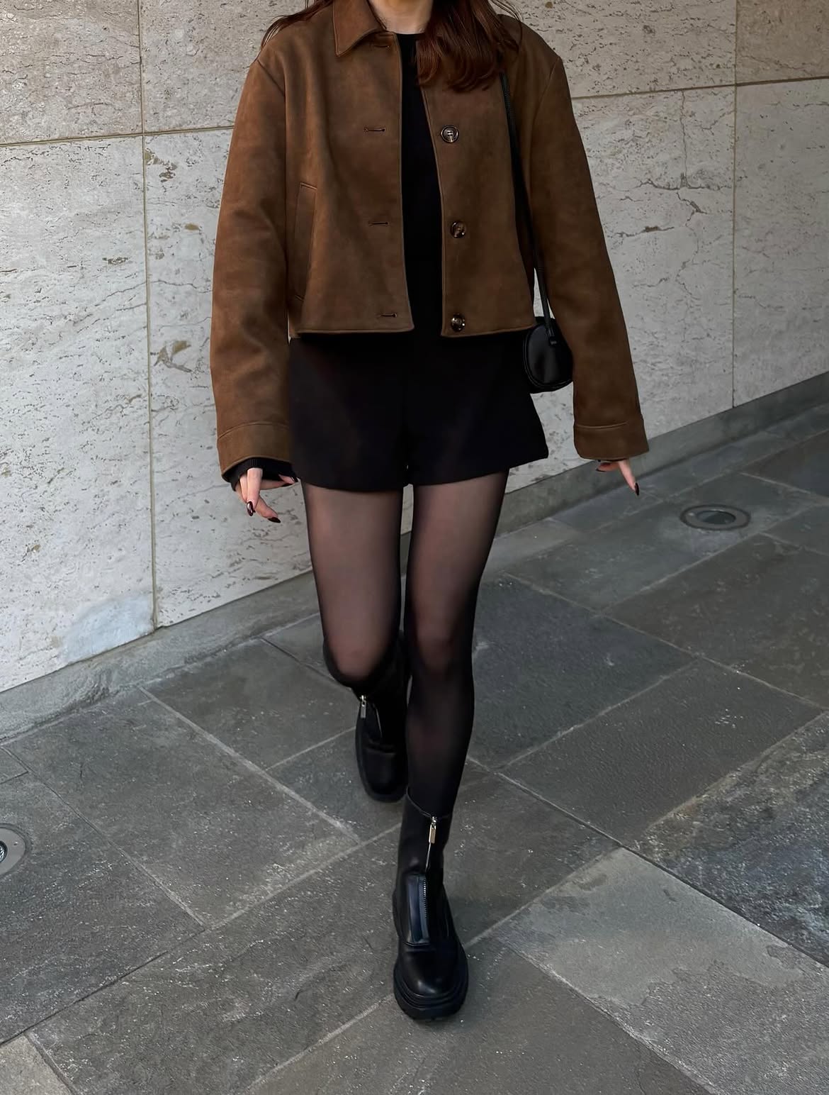 Brown Suede Cropped Jacket With Black Shorts Outfit