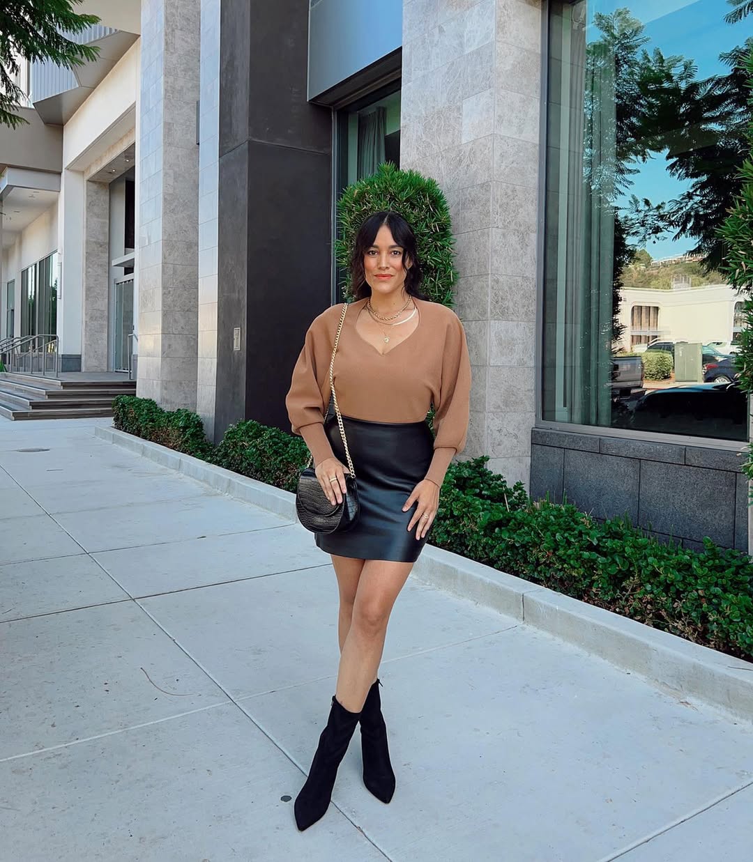 Brown Sweater and Black Leather Mini Skirt Outfit