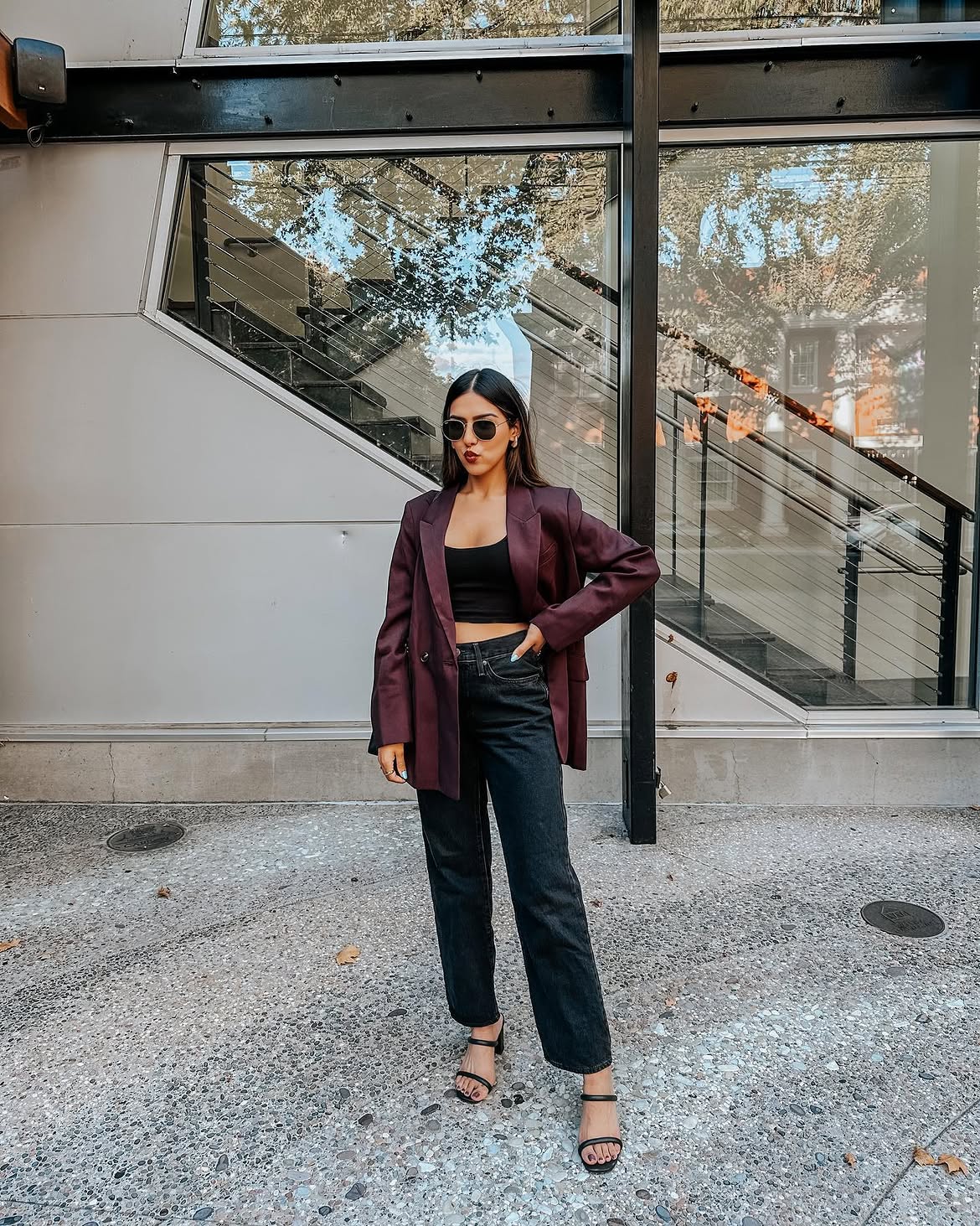 Burgundy Blazer With Black Crop Top And Denim
