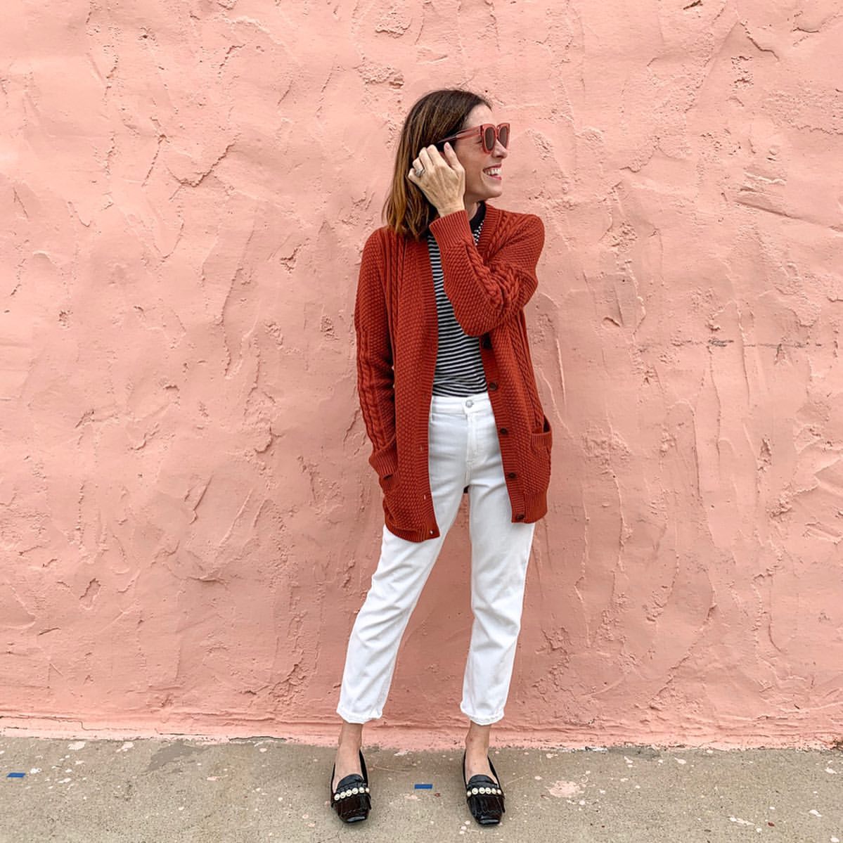 Burnt Orange Cardigan With White Jeans Outfit
