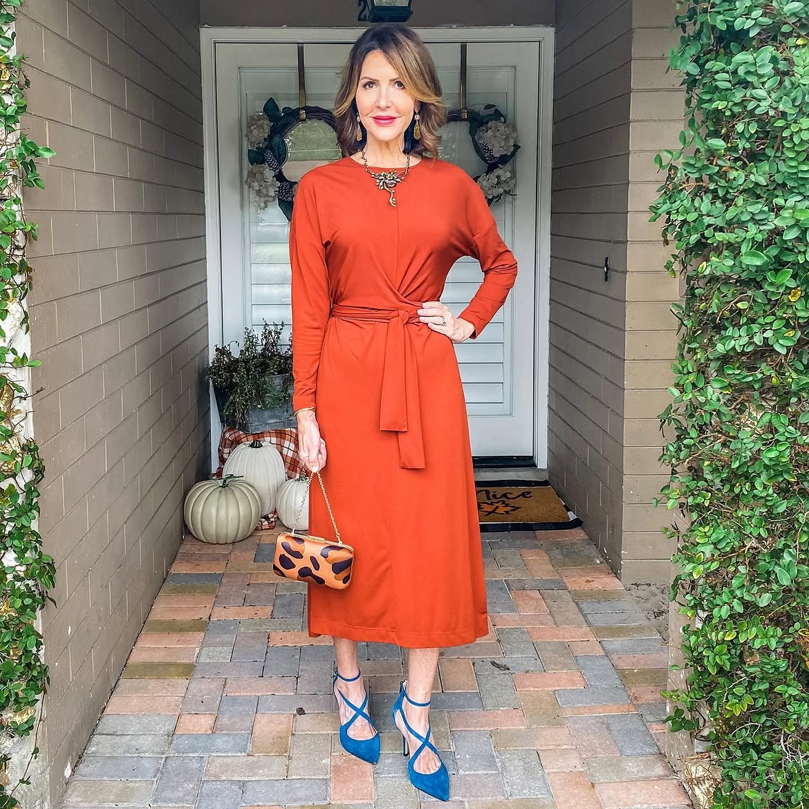 Burnt Orange Knit Dress With Blue Suede Heels