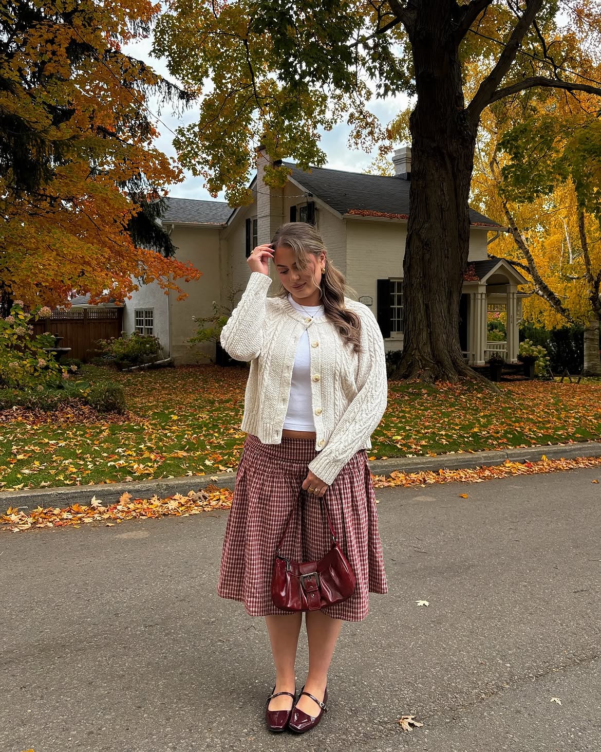 Cable Knit Cardigan With Plaid Skirt Fall Outfit