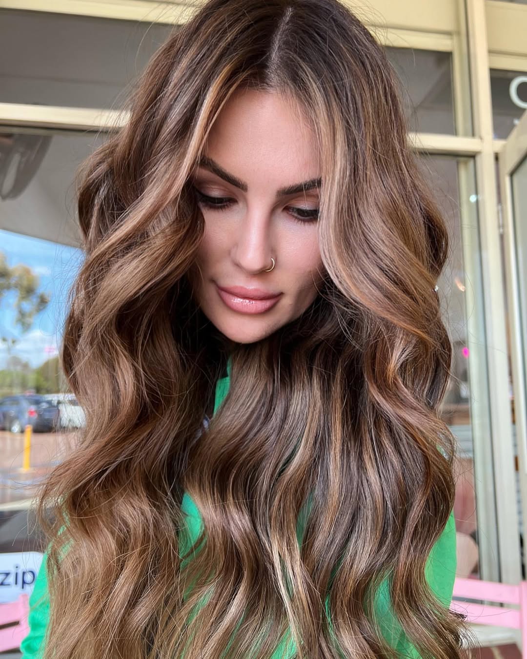 Caramel Balayage With Loose Waves For Brunettes