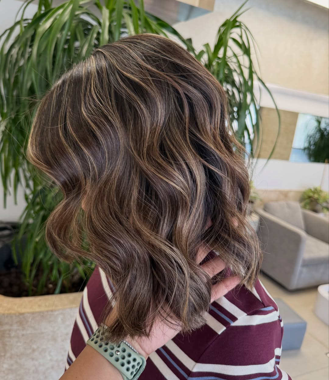 Caramel Highlights On Dimensional Brunette Wavy Bob