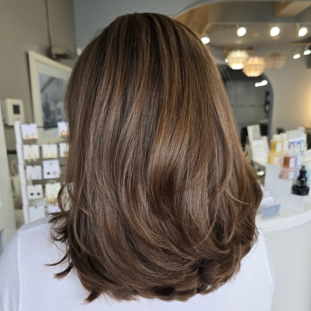 Caramel Highlights On Layered Medium Hair